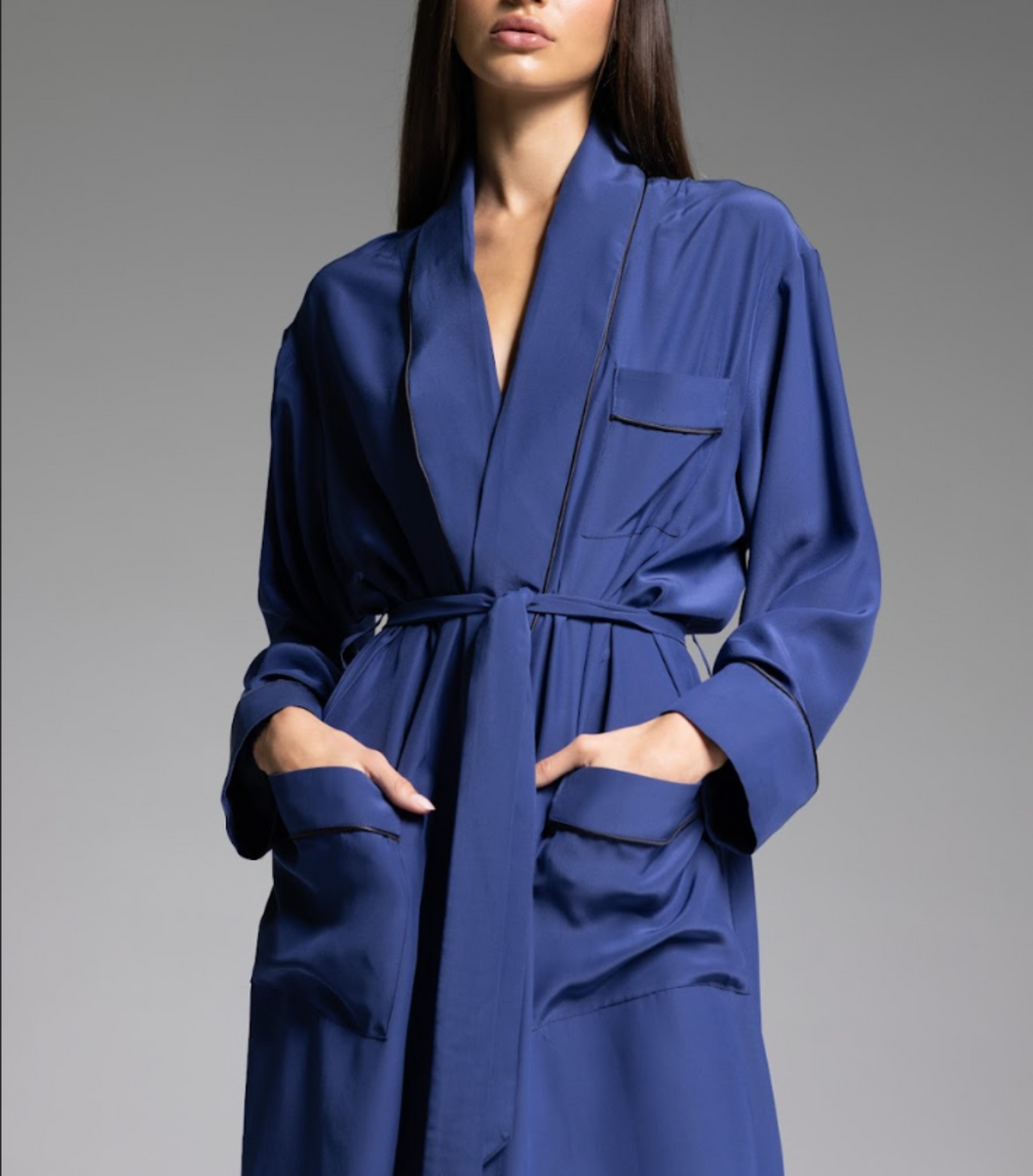 THE ROBE - Mediterranean Blue with Black Piping