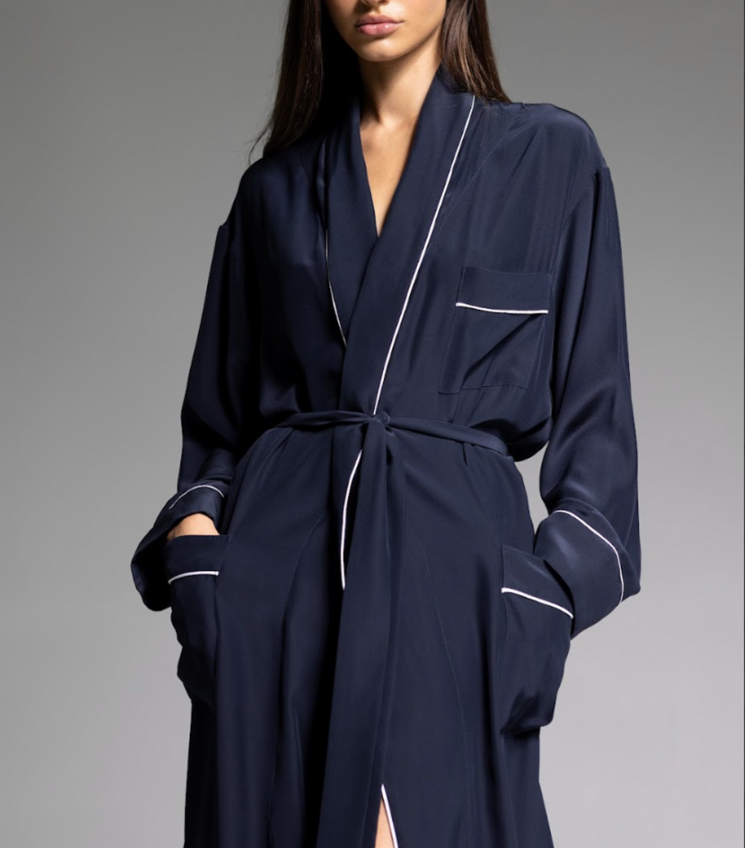 THE ROBE - Navy Blue with White Piping